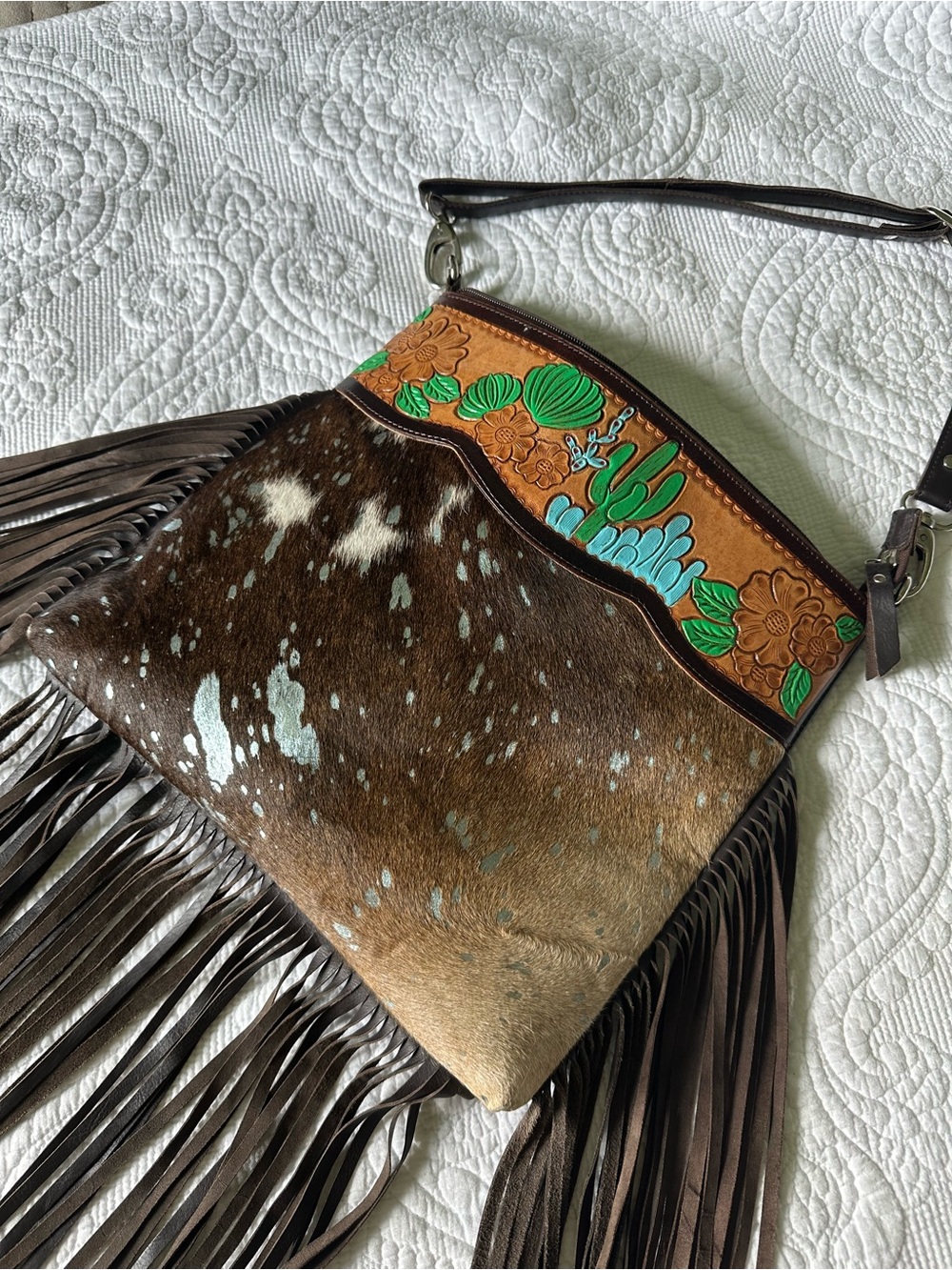 Fringed Cowhide Crossbody Bag with Hand-Painted Desert Detail - Tooled Leather